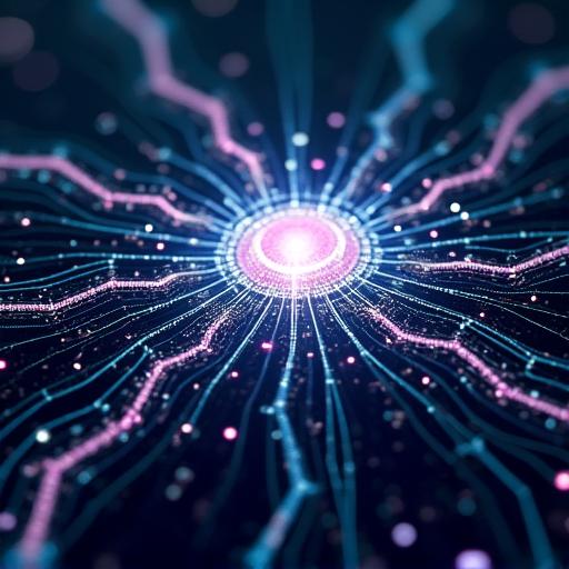 Abstract visualization of an artificial intelligence core processing data.