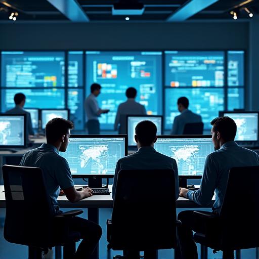 A professional team of security analysts collaborating in a modern command center.